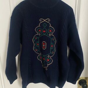 Vintage 100% Merino Wool Navy Blue Christmas Women's Sweater